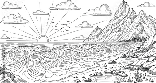 Hand drawn coastal mountain sunset landscape with ocean waves rocky shore and clouds in vintage sketch style isolatedHand drawn coastal mountain sunset landscape with ocean waves rocky shore and cloud