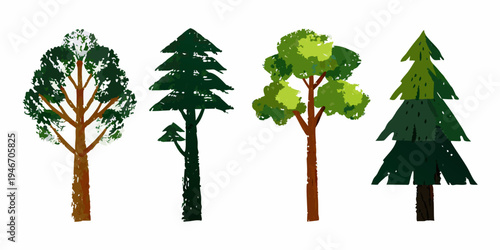 Four stylized trees in varying shades of green and brown tones