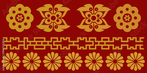Golden floral and geometric patterns on a deep red background