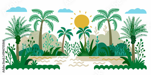 A vibrant tropical landscape with palm trees lush foliage and a golden sun