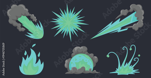 Blue magical energy effects collection, comet flame splash burst fantasy game power icons vector illustration glowing isolated