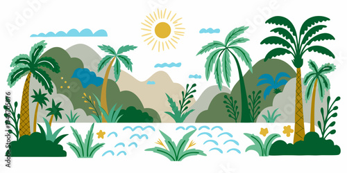 A vibrant tropical landscape with palm trees mountains and a bright sun