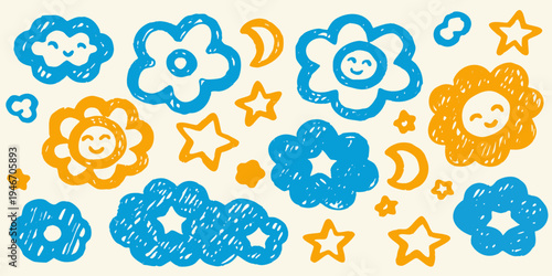 Colorful childlike drawing featuring flowers stars clouds and crescent moons