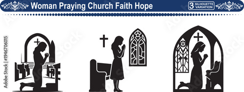 Woman Praying in Church, Concept of Faith, Hope, Spiritual Peace and Devotion Design Set