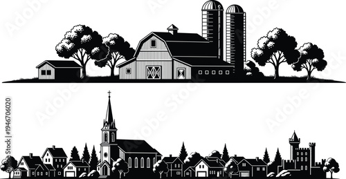 Rural farm and small town skyline silhouettes with barn silos church and houses, countryside landscape set, black vector illustration collection