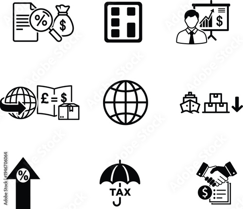Black and white business and finance icons on white background