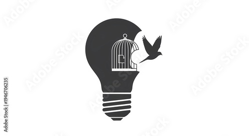 creative freedom concept with bird flying out of cage inside light bulb silhouette for new ideas inspiration and mental liberation vector illustration