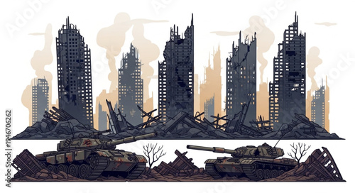 Desolate City Skyline After War.