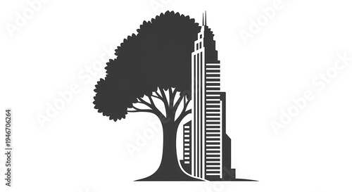 minimalist tree and skyscraper building logo design for eco friendly city urban planning and sustainable architecture concept vector illustration