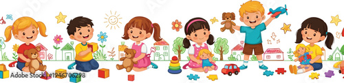 Vector horizontal banner featuring a diverse group of happy children playing with toys including blocks, teddy bears, and puzzles against a whimsical hand-drawn background.