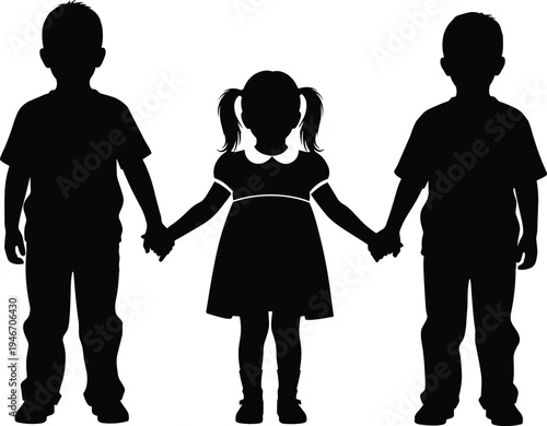 Children holding hands silhouette, two boys and girl unity concept, childhood friendship and sibling bond, happy kids togetherness vector illustration