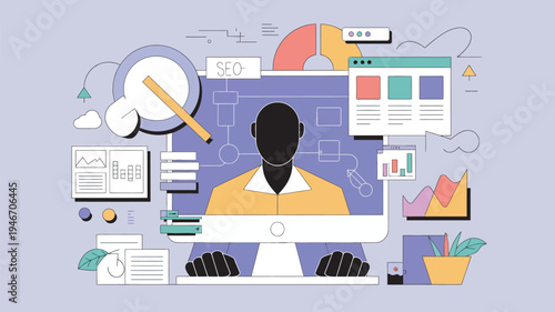 A person working on a computer surrounded by various data analysis and visualization tools and graphs.