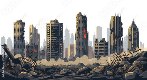 destroyed cityscape with rubble.