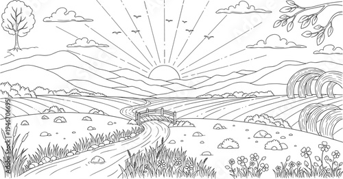 Hand drawn countryside landscape with sunrise hills river farmhouse and trees in vintage sketch style isolated on white backgroundHand drawn countryside landscape with sunrise hills river farmhouse an