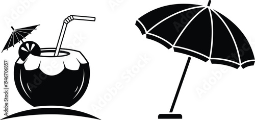 Tropical coconut drink and beach umbrella vector illustration, summer vacation refreshment icon set, seaside holiday symbols in minimal black silhouette