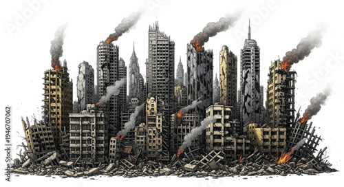 destroyed cityscape with smoke.