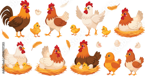 Vector collection of cute cartoon chicken family characters including rooster, hen on nest with eggs, and yellow baby chicks for farm life illustrations.