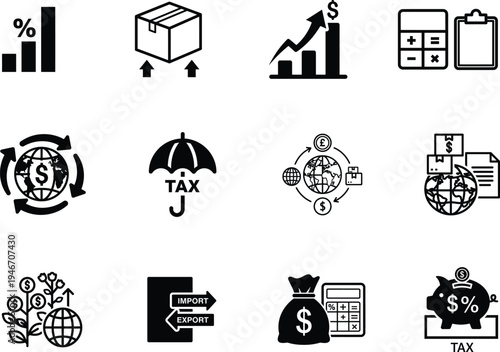 business finance and tax icons set including symbols for import export and currency exchange