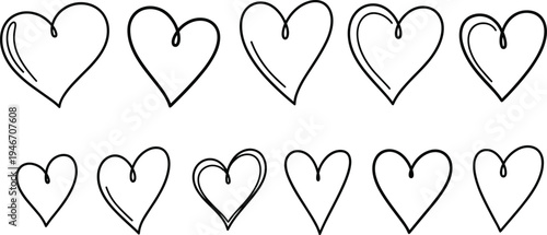 Hand drawn heart outline icon set with doodle style love symbols collection for Valentine design, romantic decoration and social media graphicsHand drawn heart outline icon set with doodle style love 