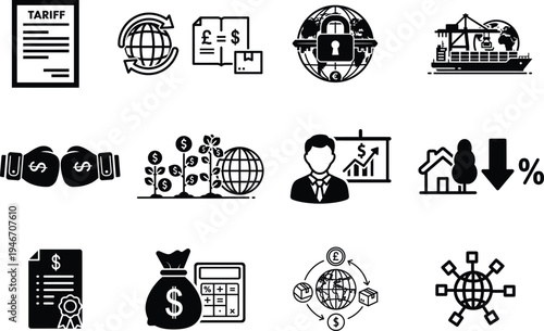 Collection of business and finance related icons on white background