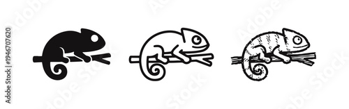 Chameleon on Branch Icon Set: Reptile, Wildlife, and Nature Symbols in Various Styles