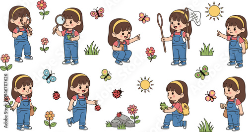 Cute little girl explorer cartoon character set observing insects, flowers and nature, adorable kid mascot collection with magnifying glass, net and backpack for education illustrations