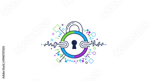 A colorful illustration of a padlock surrounded by abstract shapes and symbols.