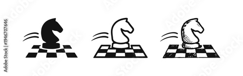 Chess Knight Piece Icon Set: Strategy, Board Game, and Intelligence Symbols in Various Styles