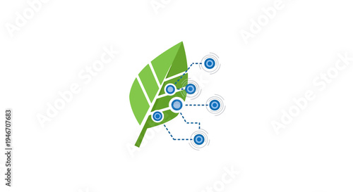 Green leaf with blue molecular structure.