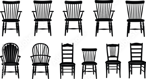 Wooden chair silhouette collection, classic vintage dining chair vector set, traditional furniture icons isolated on white background for interior design illustration
