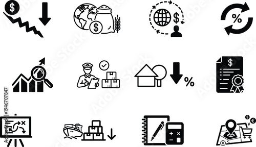 set of business and finance related line icons on white background