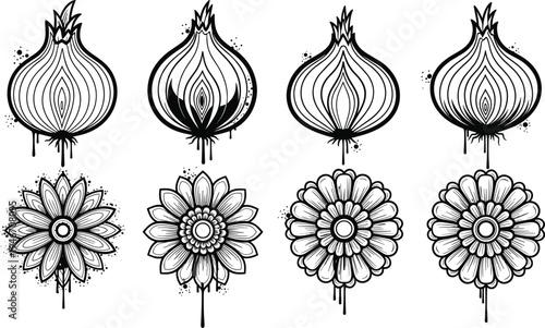Hand drawn onion and flower mandala ornament illustration set in grunge dripping sketch style decorative elements isolatedHand drawn onion and flower mandala ornament illustration set in grunge drippi