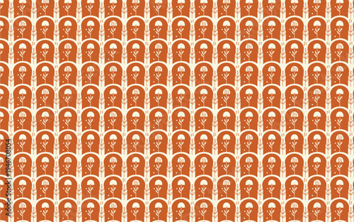 Seamless boho pattern with terracotta arches and abstract floral motifs