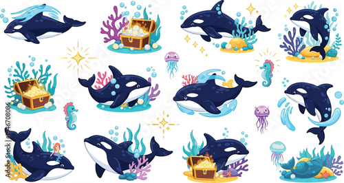 Cute orca whale cartoon character set exploring underwater ocean with treasure chest, coral reefs and sea creatures, playful marine mascot collection for kids illustrations
