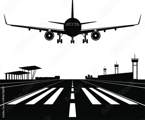 Airplane landing on airport runway with terminal and control tower in background silhouette