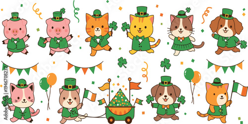 Cute St Patrick’s Day animal cartoon character set wearing green leprechaun hats, festive mascot collection with shamrocks, flags, balloons and parade elements for holiday illustrations