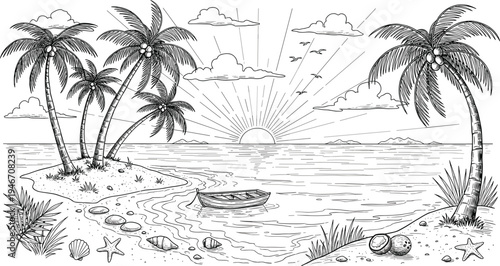 Hand drawn tropical beach sunset landscape with palm trees ocean waves shells and radiant sun rays isolated on white backgroundHand drawn tropical beach sunset landscape with palm trees ocean waves sh
