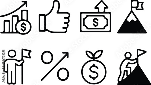 hand drawn business finance money investment success growth black outline icons set vector illustration 