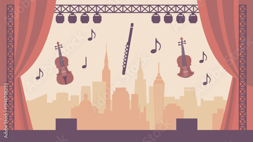 A vibrant stage setup with musical instruments and notes against a city skyline backdrop