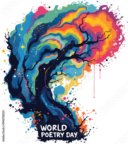 World Poetry Day - Colorful Abstract Tree Of Verse Rainbow Imaginative Silhouette Art For Literature Celebration