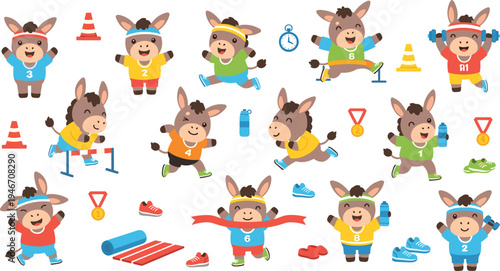 Cute donkey athlete cartoon character set doing sports and fitness activities, funny farm animal mascot collection with running, weightlifting and workout poses for kids illustrations