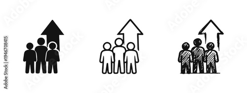 Group of people with upward arrow icon set. Team growth, increase, and business success symbol. Progress and development flat vector illustration.