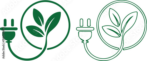 hand drawn eco energy plug leaf green two icon set vector illustration design 