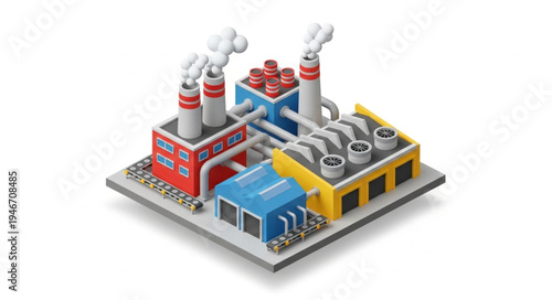 Modern industrial factory complex with smoking chimneys and pipelines.
