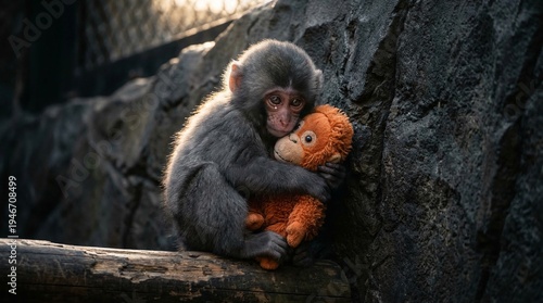 Sad Baby Monkey Holding Surrogate Toy Near Zoo Wall