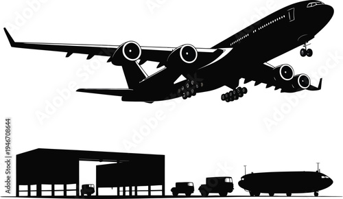 Airplane taking off near airport hangar with vehicles on runway silhouette