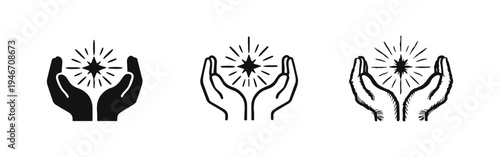 Hands holding shining star icon set. Dream protection, success, and quality symbol. Care and importance flat vector illustration.