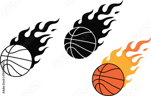 Basketball on fire flying set with black silhouette and colorful orange flames, professional sports vector illustration