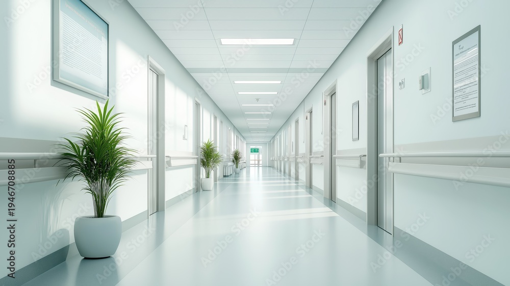 Fototapeta premium Empty Hospital Corridor with Potted Plants and White Walls