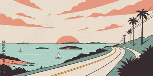 USA, US, U.S, United States - Florida Keys ocean highway sunset panorama travel road trip poster 
